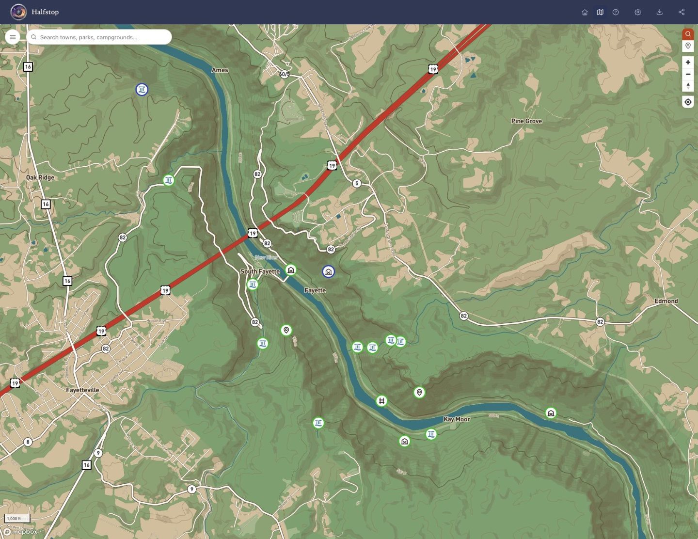 Halfstop showing the New River Gorge around Fayetteville, West Virginia, with
                  saved waypoints along the river and US 19 crossing the gorge.
